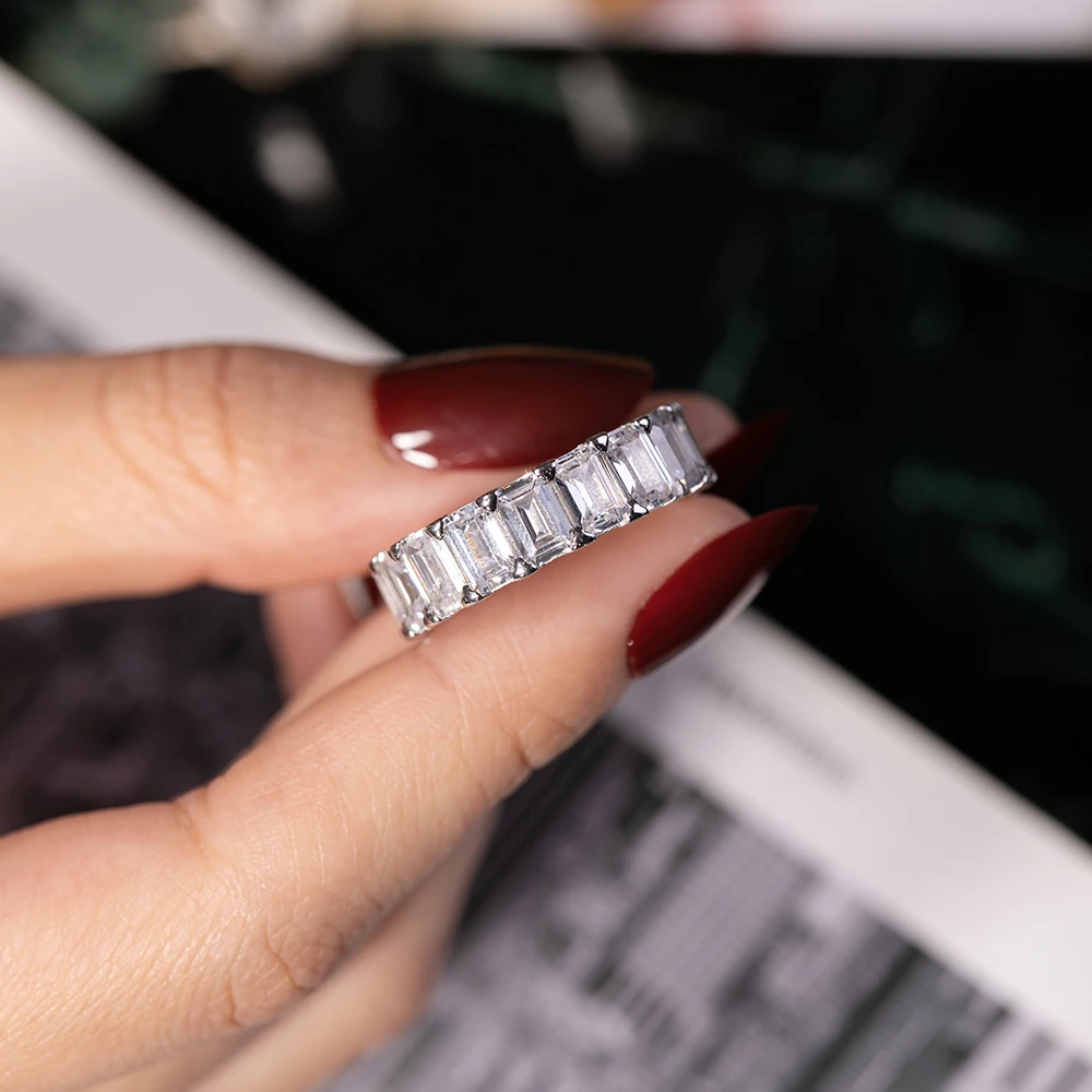 Eternity 925 Sterling Silver Engagement Wedding Band Rings for Women Bridal Emerald cut Diamond Promise Party Jewelry Gift