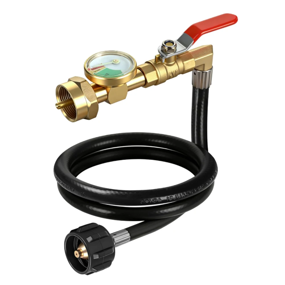 3FT Propane Refill Hose with Brass Interface Pressure Gauge and Physical On-Off Valve for 1 lb Container Refilling