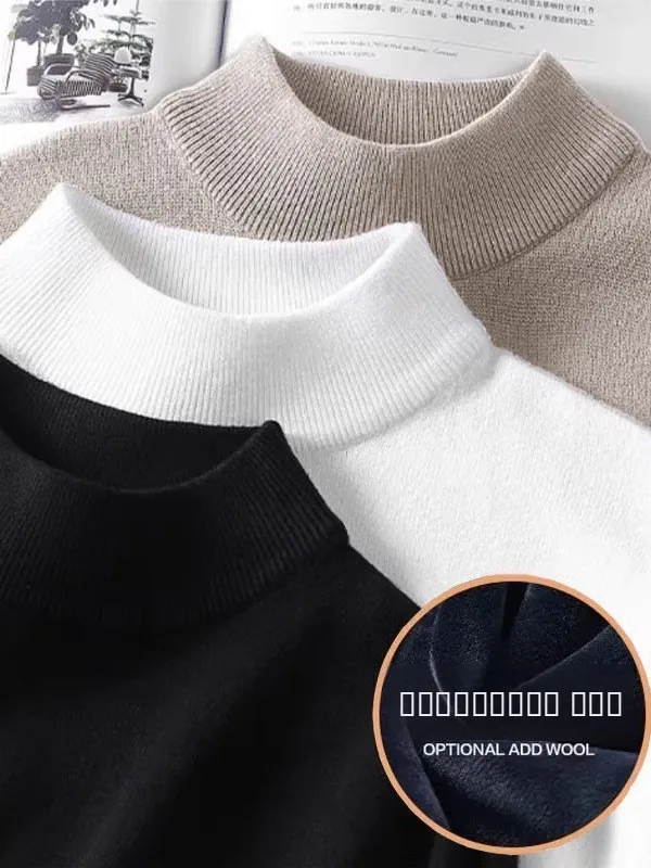 

Men's f-High Collar Fce-Lined Knitwear Long Sve Color Slim Fit Overhead Autumn Winter White Base Layer Pure Color