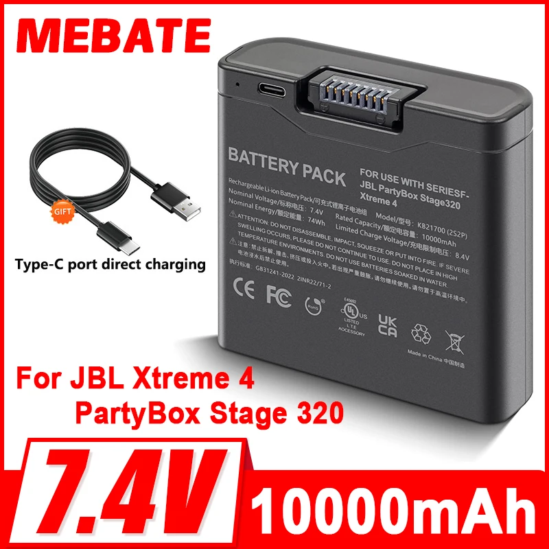 

MEBATE 10000 мАч, высокое качество для JBL Xtreme 4 Bateria JBL PartyBox Stage 320, запасной портативный аккумулятор с входом TYPE-C
