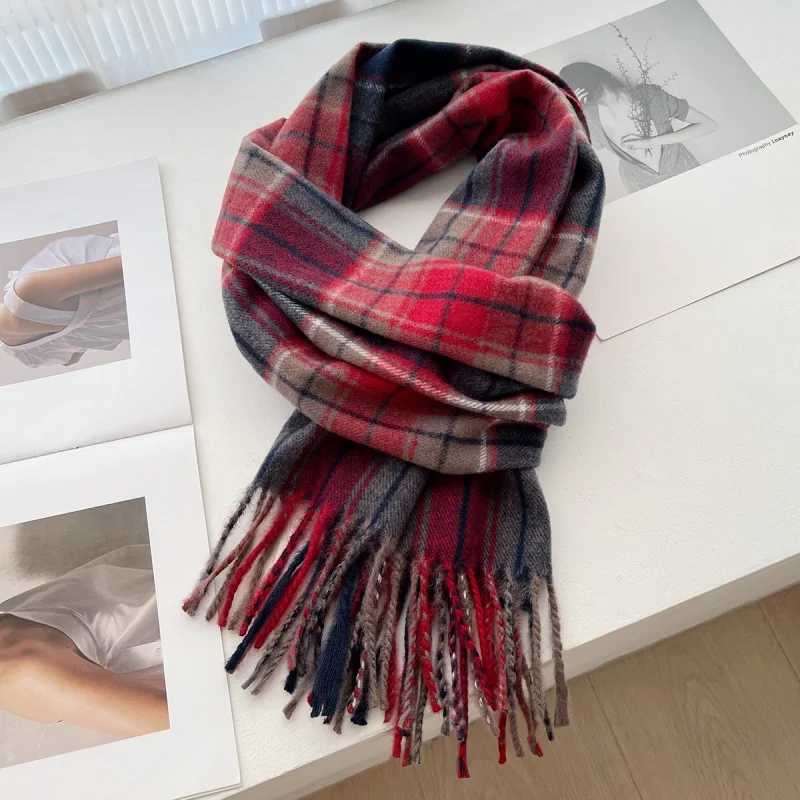 

New Classic Red Versatile Plaid Scarf Autumn Winter Imitation Cashmere High-end Shawl Thickened Warm Neck Warmer Winter