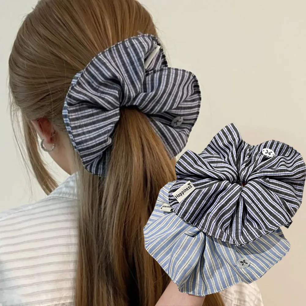 1/2 Stück Blaue Gestreifte Haargummis für Frauen, Koreanische Mode Elastische Haarbänder, Pferdeschwanzhalter, Scrunchie, Damen-Haaraccessoires