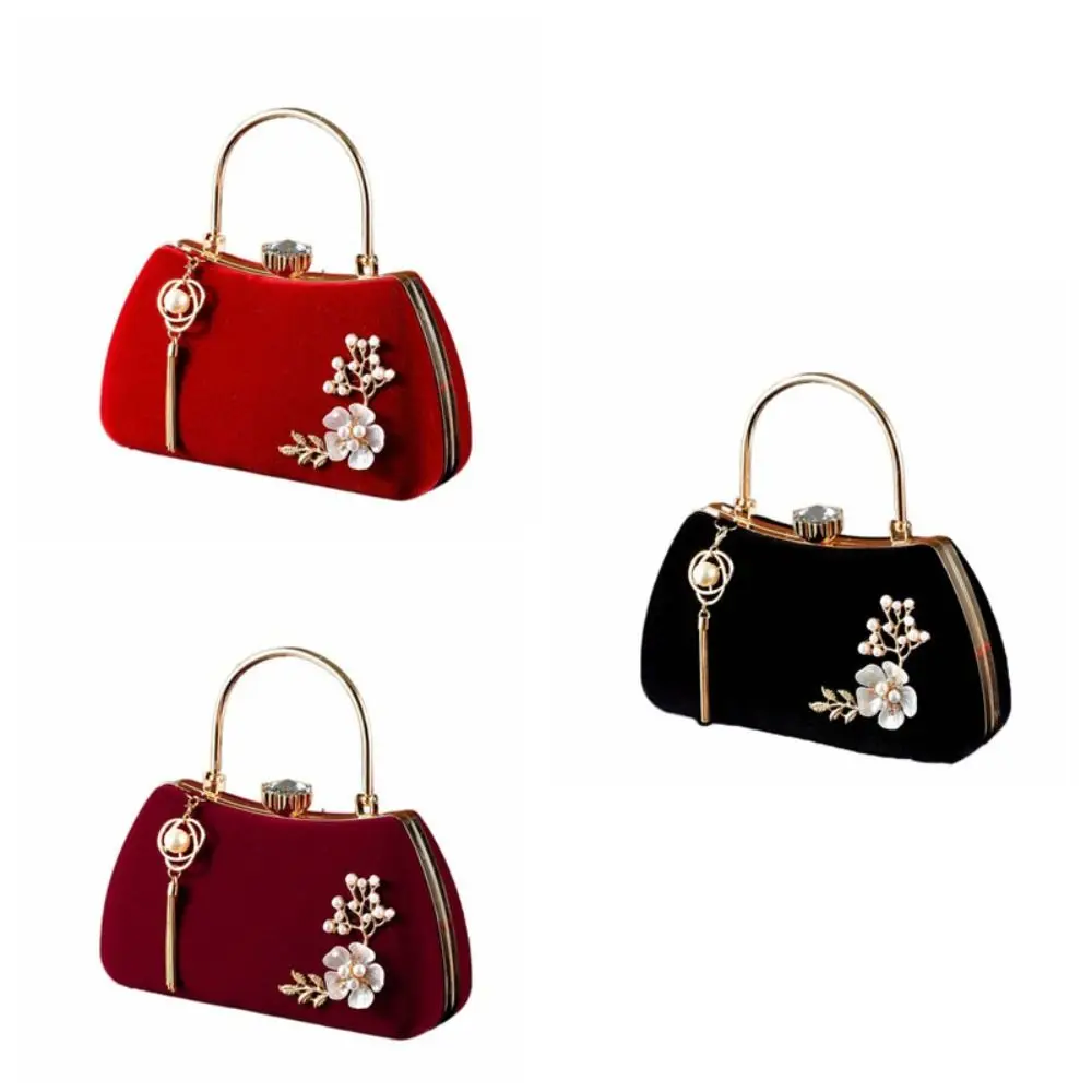 Luxury Tassel Velvet Dinner Handbag Rhinestone Top Handle Evening Banquet Bag Clutch Flowers Bridal Clutch Bag Cheongsam