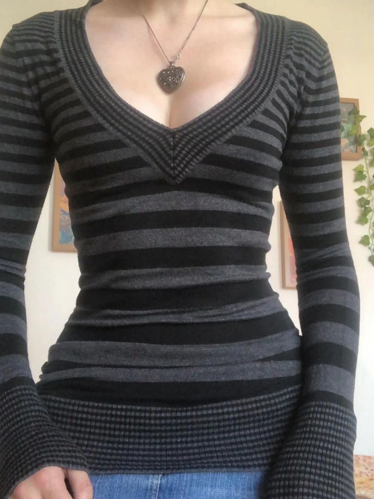 Slim Fit Longo Sve V-ne Listrado Suéter Rua Sle Material de Poliéster Outono Comprimento Regular Casual Camiseta Feminina