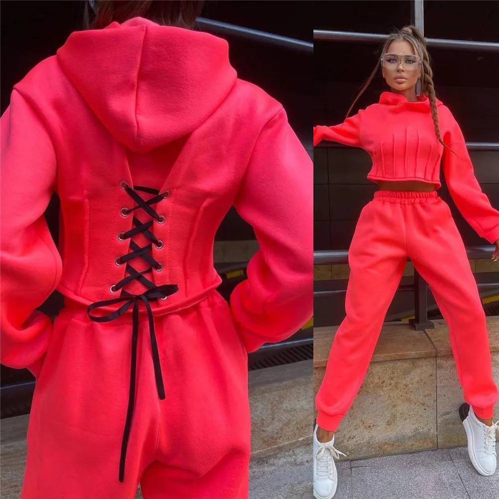 TrendNew Women'S Autumn And Winter Fashion Waist Hooded Sweater Casual Leggings Two Piece Set