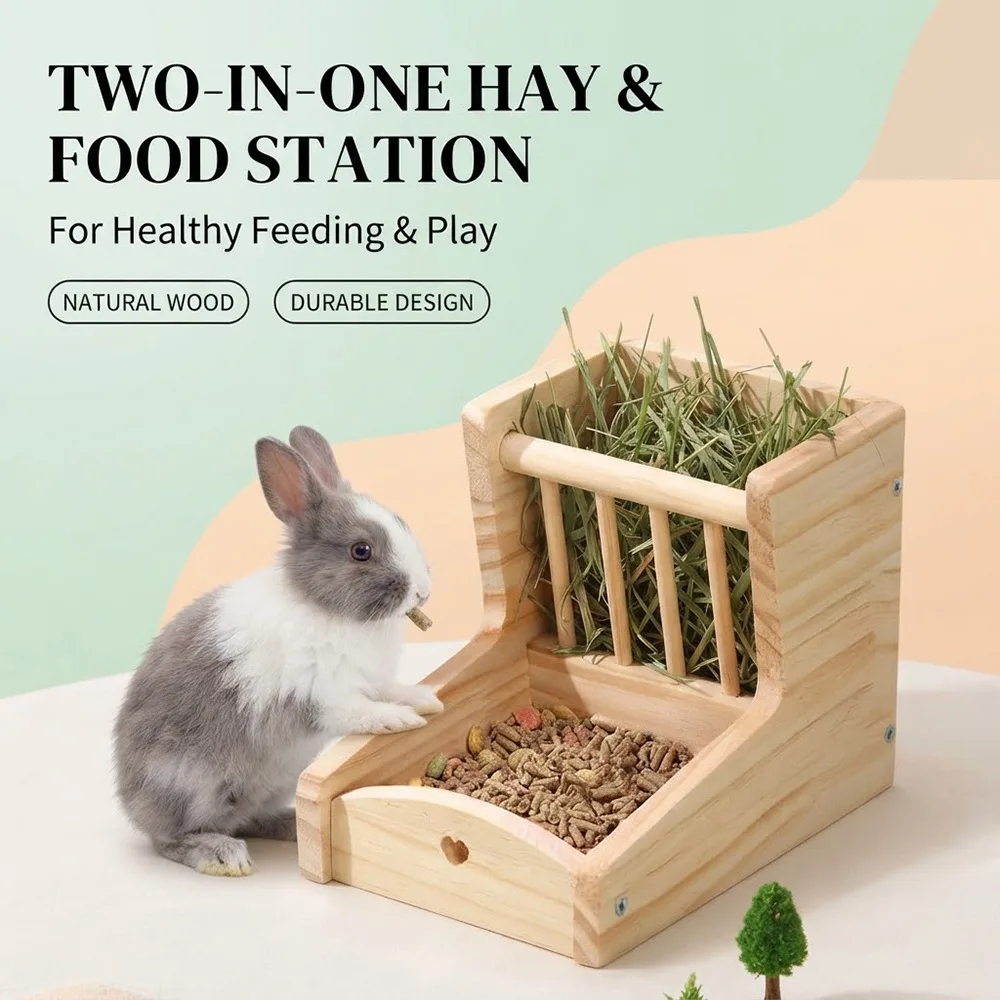 Solid wood rabbit grass rack, can hold a guinea pig, 2-in-1 pet rabbit feeding bowl and hay feeder