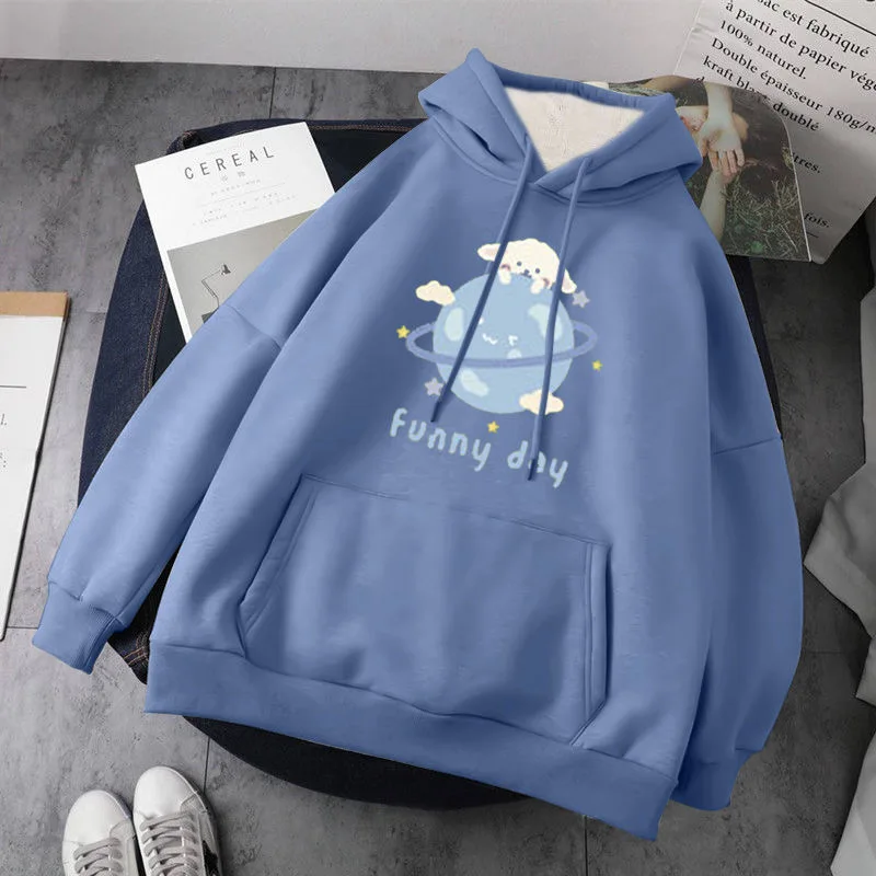 Women Autumn Winter Loose Casual Pullovers Student Fashion Leisure Outwears Cute Cartoon Printed Fleece Thick Hooded Sweatshirts