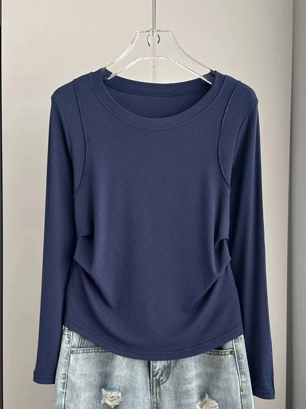 Slimming Long Sleeve round Neck T-Shirt Women's Base Layer Top Waist Cinched Folded Cotton Polyester Fiber Commute Style