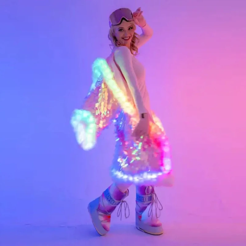 

Светодиодная женская шуба из искусственного меха, мужской костюм с подсветкой, куртка для танцевальной вечеринки Gogo, теплая одежда, костюм для выступления на сцене, праздничный костюм для вечеринки