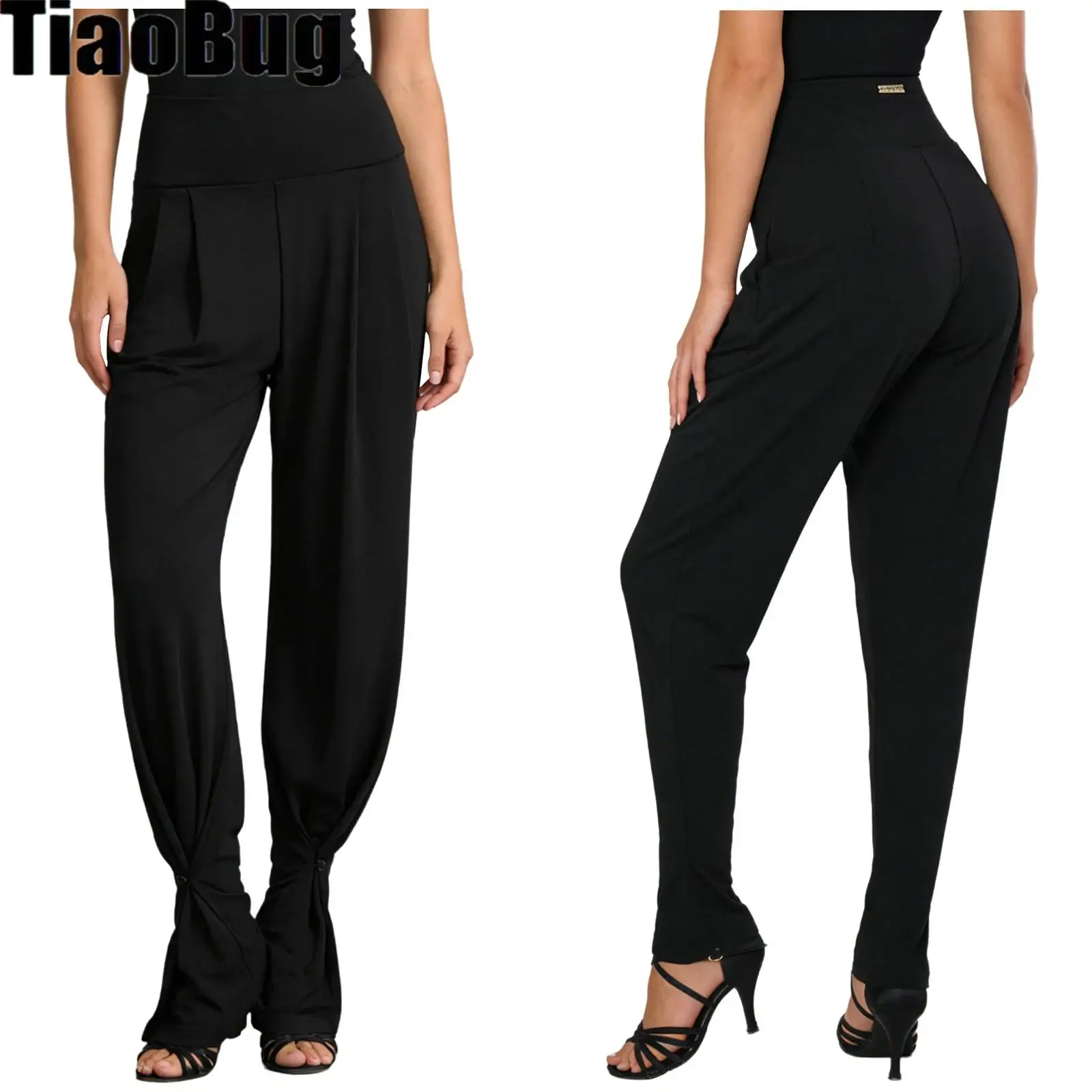 

Women Latin Dance Pants High Waist Wide Band Belly Control 2-in-1 Convertible Straight-leg Long Pants for Tango Cha-cha
