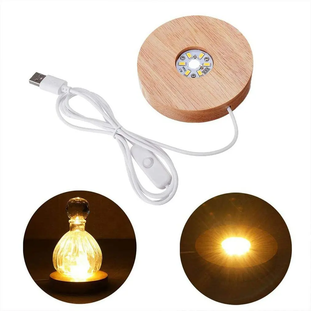 Hot 10cm Base per lampada a Led in legno interruttore per cavo USB luce notturna 3D Led Base per lampada da notte lunga acrilico fai da te luce