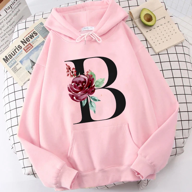 Women's Pink Hoodie 26 Alphabet Flower Letter Print Sweatshirt Fashion Sweat-shirt A-Z Letter Print O-Neck Outerwear Hoodies