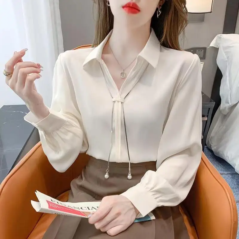 Office Lady Light Colour Unique Temperament Turn Down Collar Blouse Thin Metal Chain Decoration Lantern Sleeve Female Chiffon