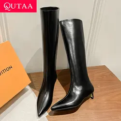 QUTAA 2025 News Winter Women Knee High Boots Low Heel Pointed Toe Woman Shoes Genuine Leather Long Boots Black Size 34-39