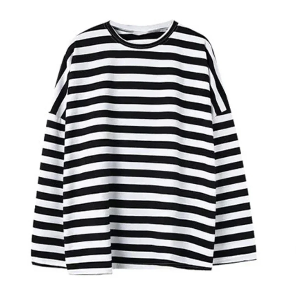

Comfortable Women's Long Sleeve Casual Shirt with Black and White Stripes Loose Fit Ideal for Sporty and Relaxed Outfits