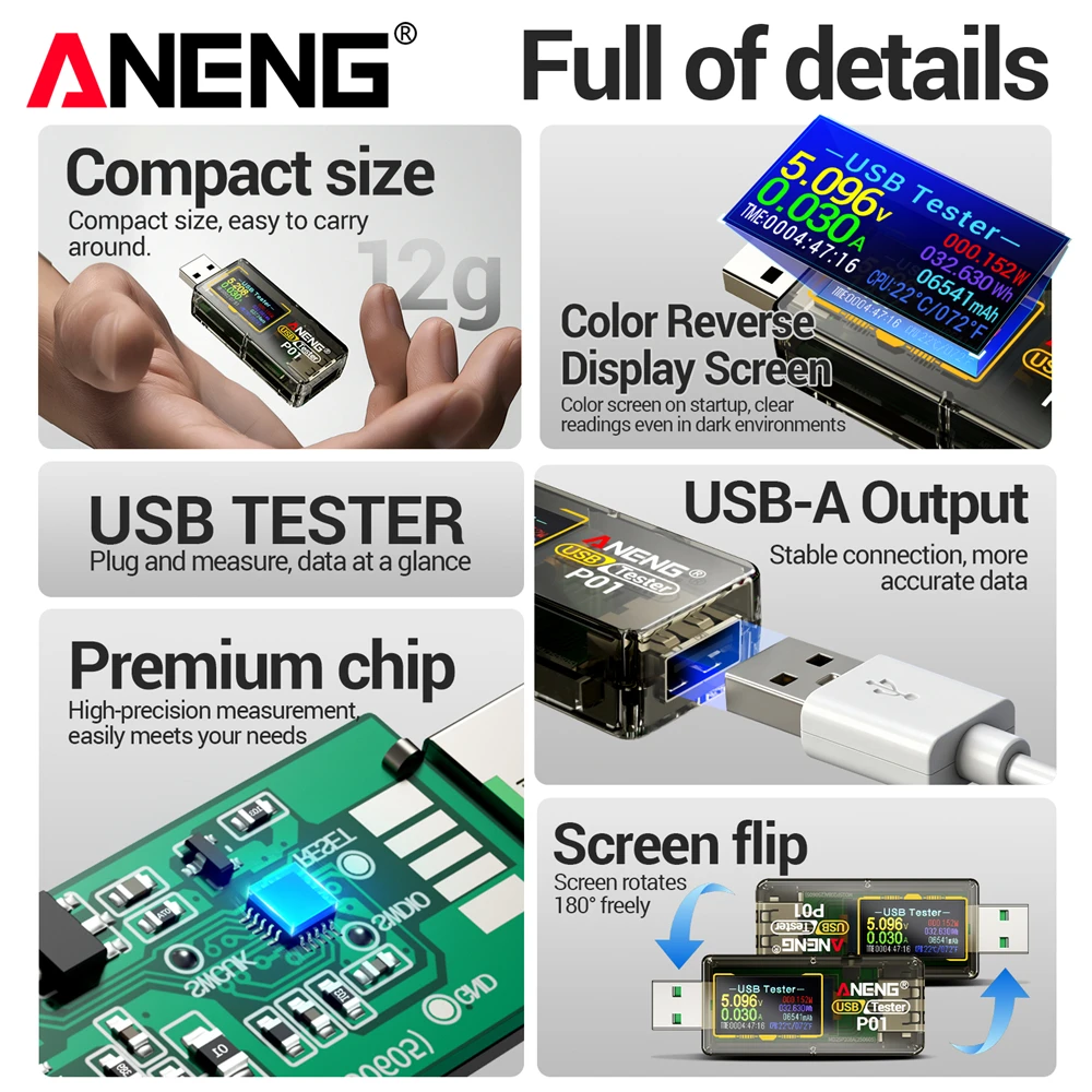 

4-30V Voltage Digital Display USB Tester ANENG P01 Multi-function Fast Charging Detector Monitor Voltage Current Capacity Tester