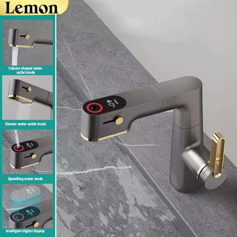 

Brass Gray/White Digital Display Pull-out Bathroom Basin Faucet Lift Hot And Cold Mixed Water Faucet With Shower Telescopic