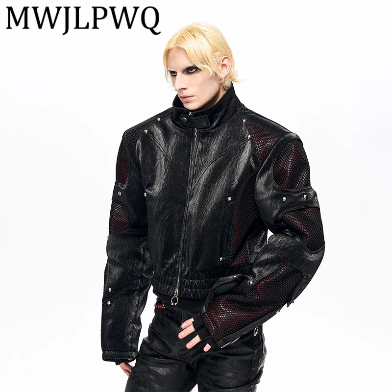 

MWJLPWQ Winter Snake Pattern Leather Jacket For Men Stand Collar Deconstructed Grid Patchwork Padded Cotton Coat 2025 Tide 12768