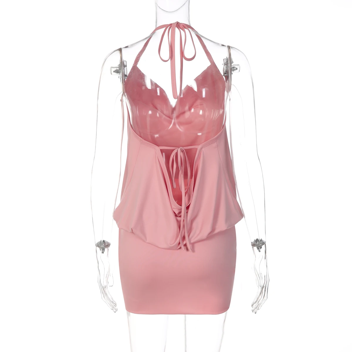 Hugcitar Neckholder-Swing-Kleid mit festem Rückenausschnitt, Schnürung, gerafftem Design, sexy, schmal geschnittenes Mini-Kleid, Sommermode für Damen, Party- und Urlaubskleidung – Detail 4