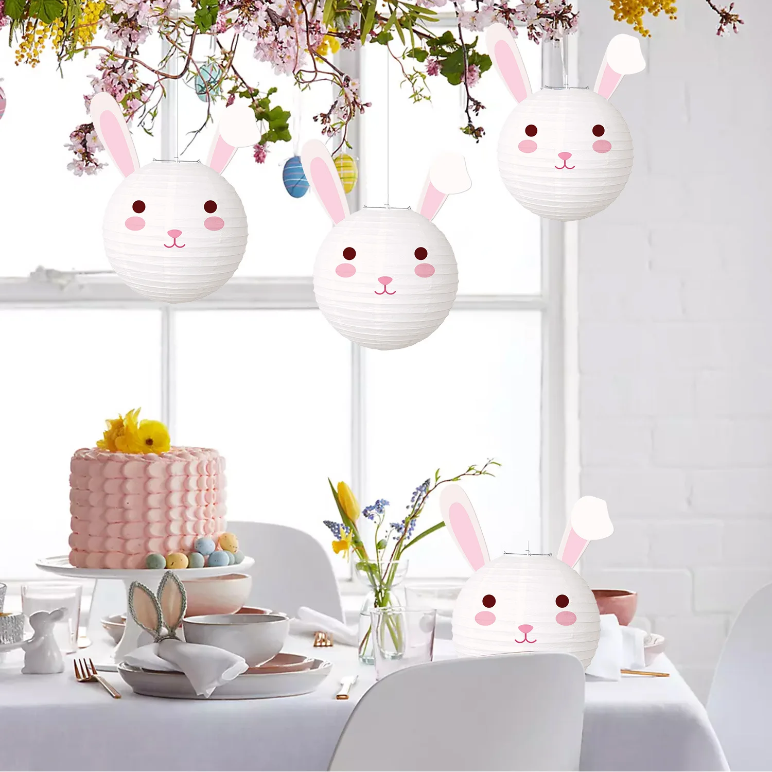 1Pcs Cute 3D Bunny Rabbit Paper Lanterns Hanging Ornament Background for Happy Easter Theme Birthday Baby Shower Party Decor