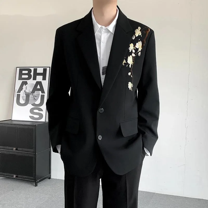 New Chinese Style Men's Blazers Embroidery Contrast Color Lapel Tops Single Breasted Loose Male Suit Jackets Niche CDR56