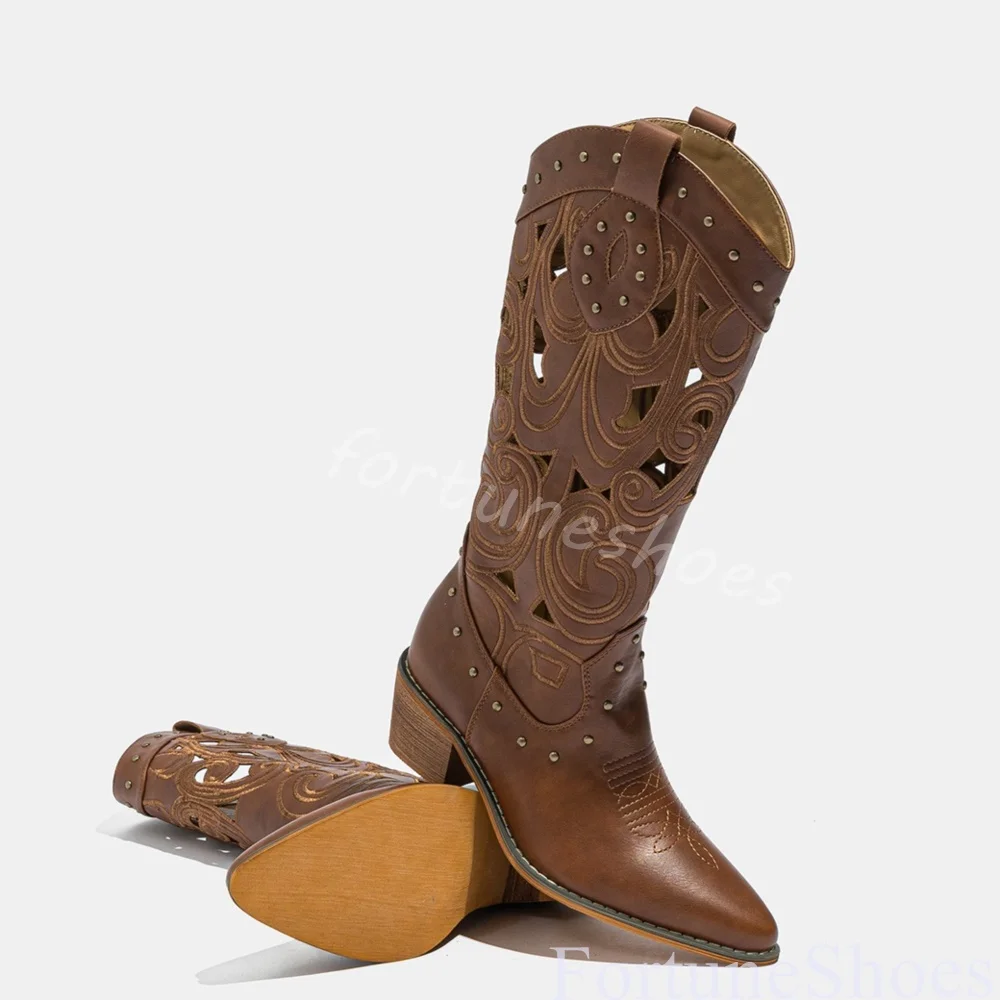 Retro Embroidery Western Cowboy Boots Women Pointed Toe Chunky Heel V-neck Slip On Hollow Knight Boots All-match Mid-calf Boots