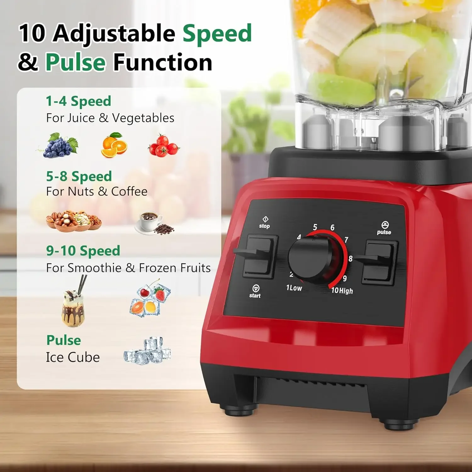 Licuadora, licuadora profesional de 1800 W para cocina con 10 velocidades, potente licuadora trituradora de hielo sin BPA de 68 oz para J