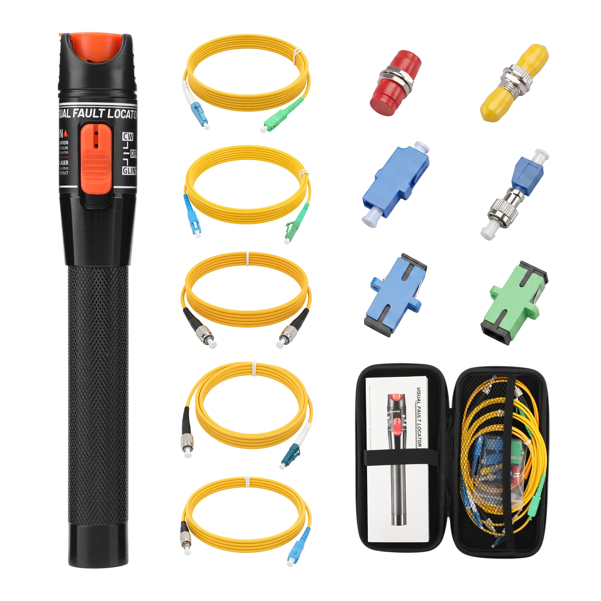 12PCS Fiber Optic Cable Test Kit 15/30/50/100km Optic Pen With Adapter, APC SC; UPC ST/FC/SC/LC With 5 Patch Cords