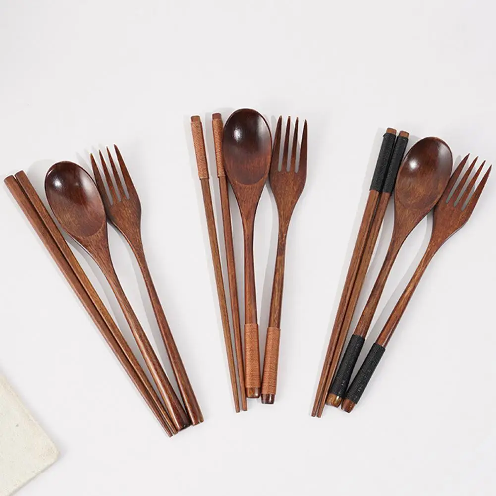 3 Pieces Tableware Natural Wood Dinnerware Spoon Chopsticks Fork Dinner Portable Tableware Grain Household Kitchen Cutlery Set