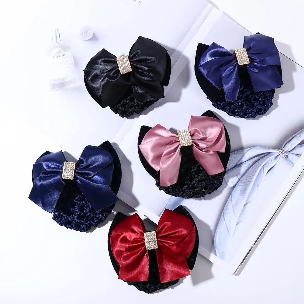 Elegant Sweet Big Bow Hotel Zircon Nurse Korean Bun Snood Hairgrips Cover Net Ponytail Clip Women Spring Clips