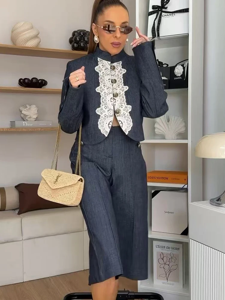 2026 Autumn Women High Street Style Jacket Chic Lace Patchwork Blazer Long Sleeve Suit Jacket Fashion Lady Autumn Outfits