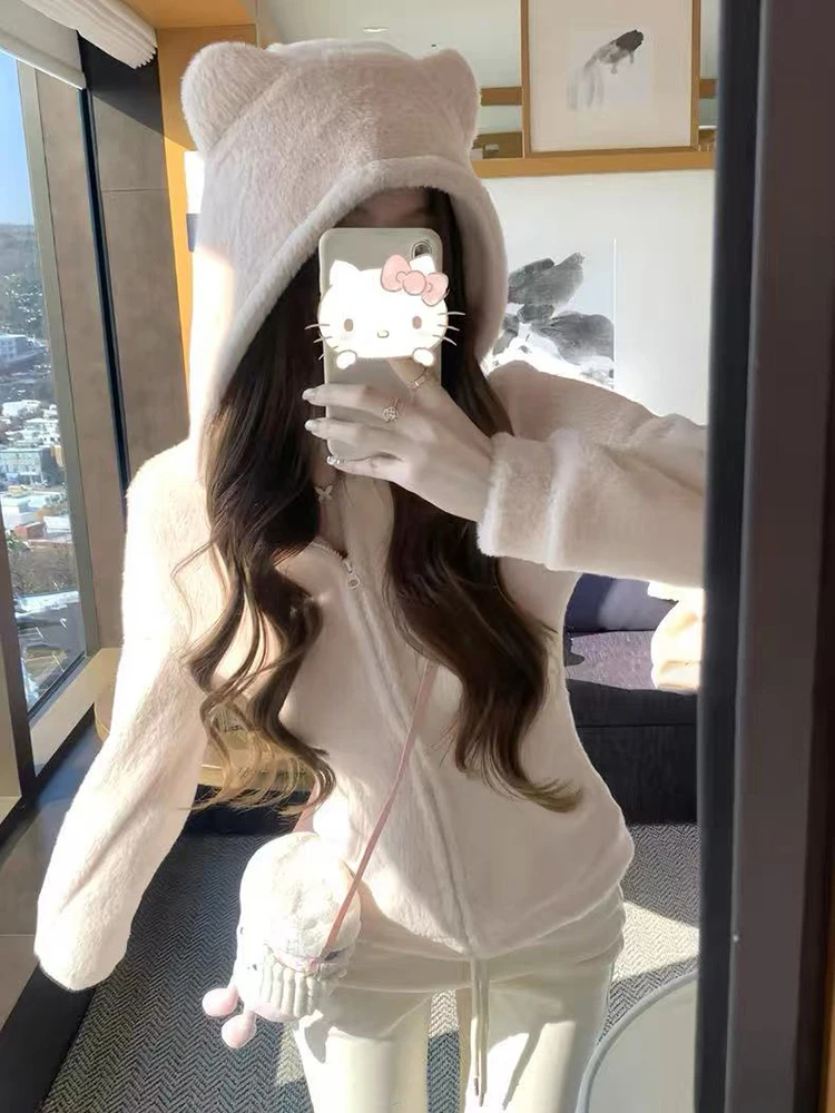 

Fluffy Knit Sweatshirt for Women Y2K Korean Thick Warm Zipper Hooded Jacket Female Sweet Preppy All Match Warm Outerwear New