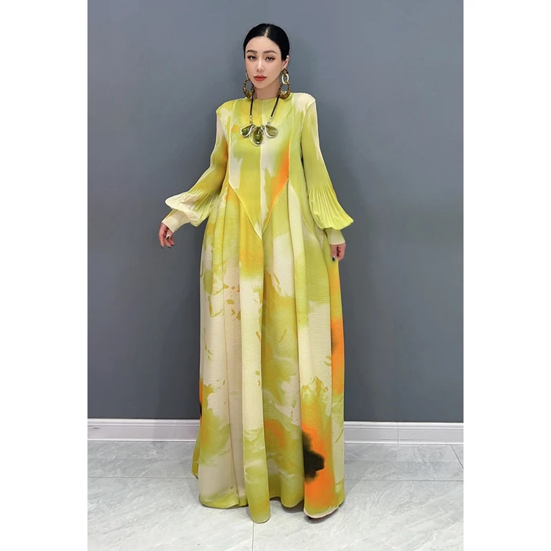 Vefadisa 2025 Spring Autumn New Dress Printed Spliced Pleated Bubble Sleeve Long Dress Elegant Ladies Dress WXY132