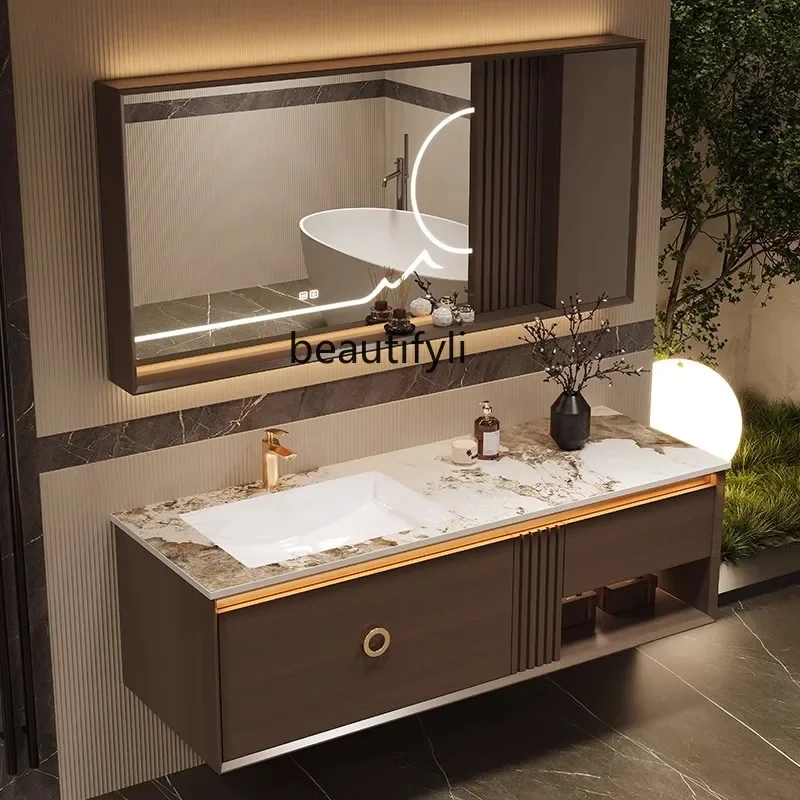 

New Chinese rock slab seamless hot bending integrated basin toilet washbasin oak bathroom cabinet45