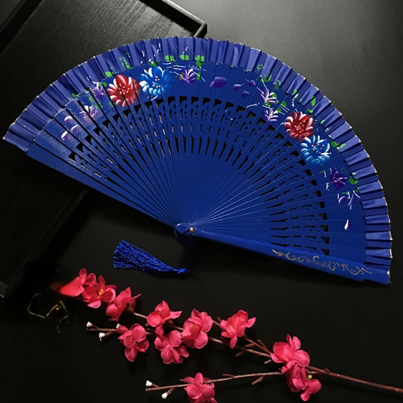 Wooden Fan Hand-Painted Ghatpot Silk Craft Fan Double-Sided Women's Folding Fan Paint 7-Inch 24cm Dancing Fan-Shaped Solid Color