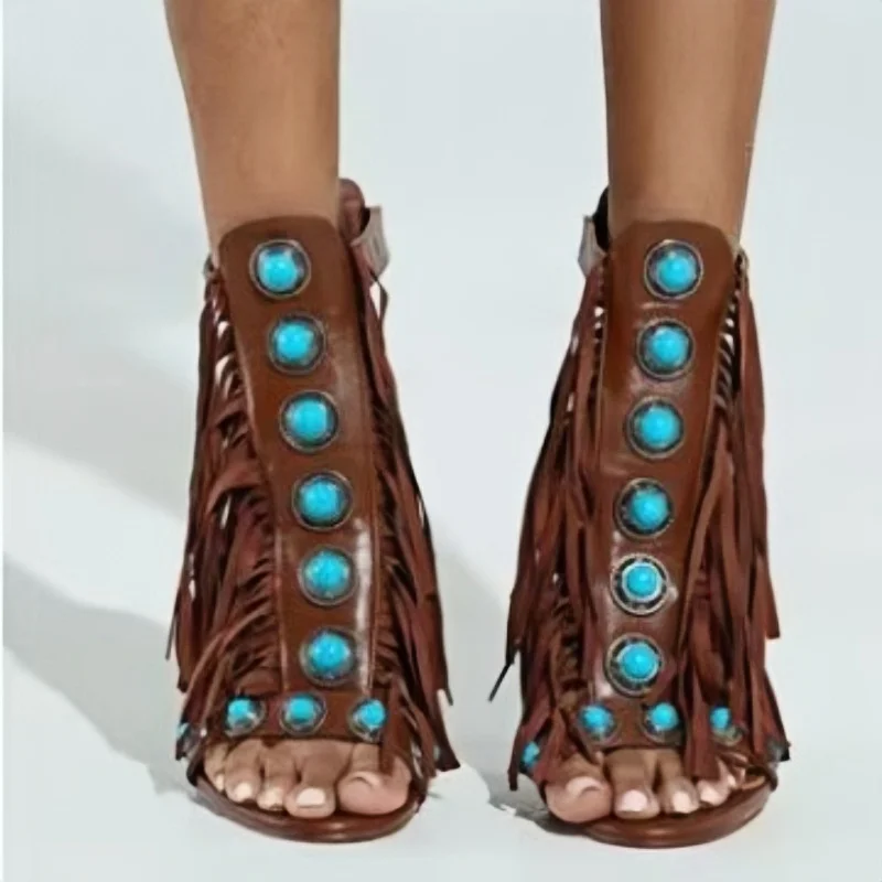Women Brown Leather Fringe High Heel Sandals Turquoise Stone Decor OpenToe Stiletto Heel Shoes Cutout Party Unique Strappy Shoes view 2