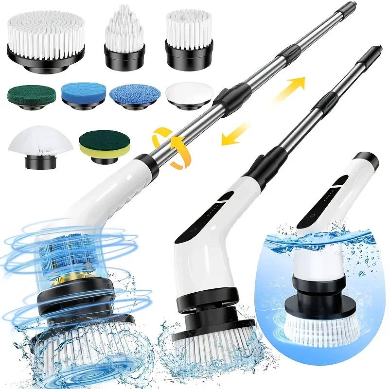 9-in-1 Electric Rotating Cleaning Brush, Wireless Shower Scrubber with Replaceable Heads and Adjustable Telescopic Handle
