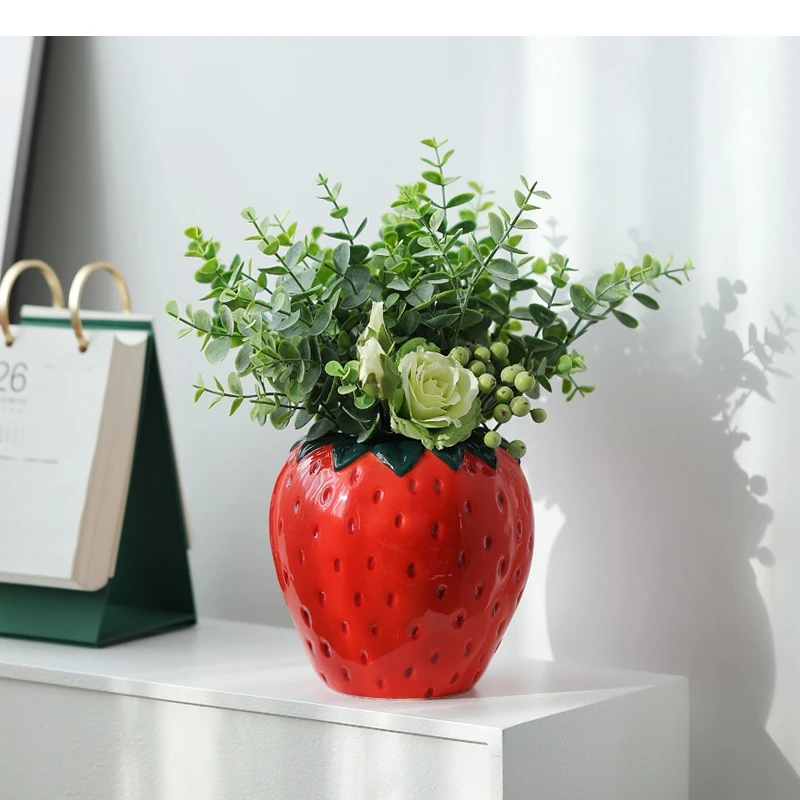 Strawberry Vase Cute Artificial Fruit Floral Arrangement Accessories Jar Flower Home Decoration