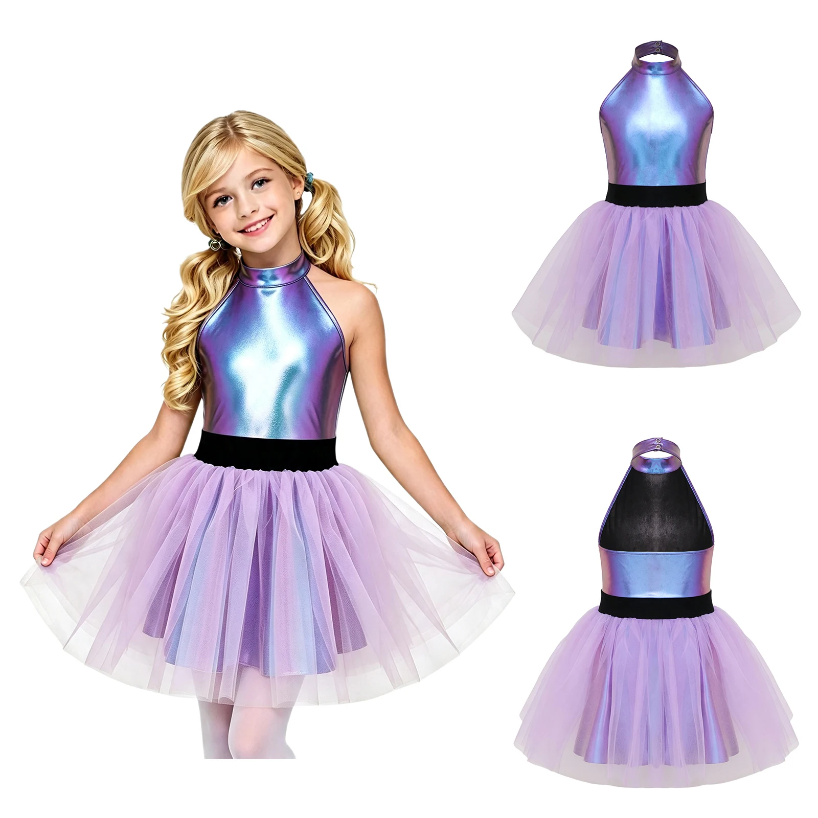 Kids Girls Alien Cosplay Costume Halter Neck Sleeveless Layered Ruffled Tulle Tutu Skirt Dress for Halloween Themed Fancy Party