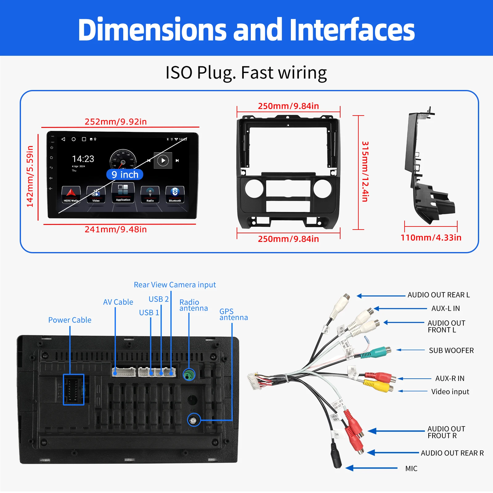 راديو ستيريو للسيارة مقاس 9 بوصات لسيارة Ford Escape 2007-2012 Apple Carplay GPS Navigation WIFI 2G + 32G Android 14 SWC وحدة رأس FM/RDS بلوتوث