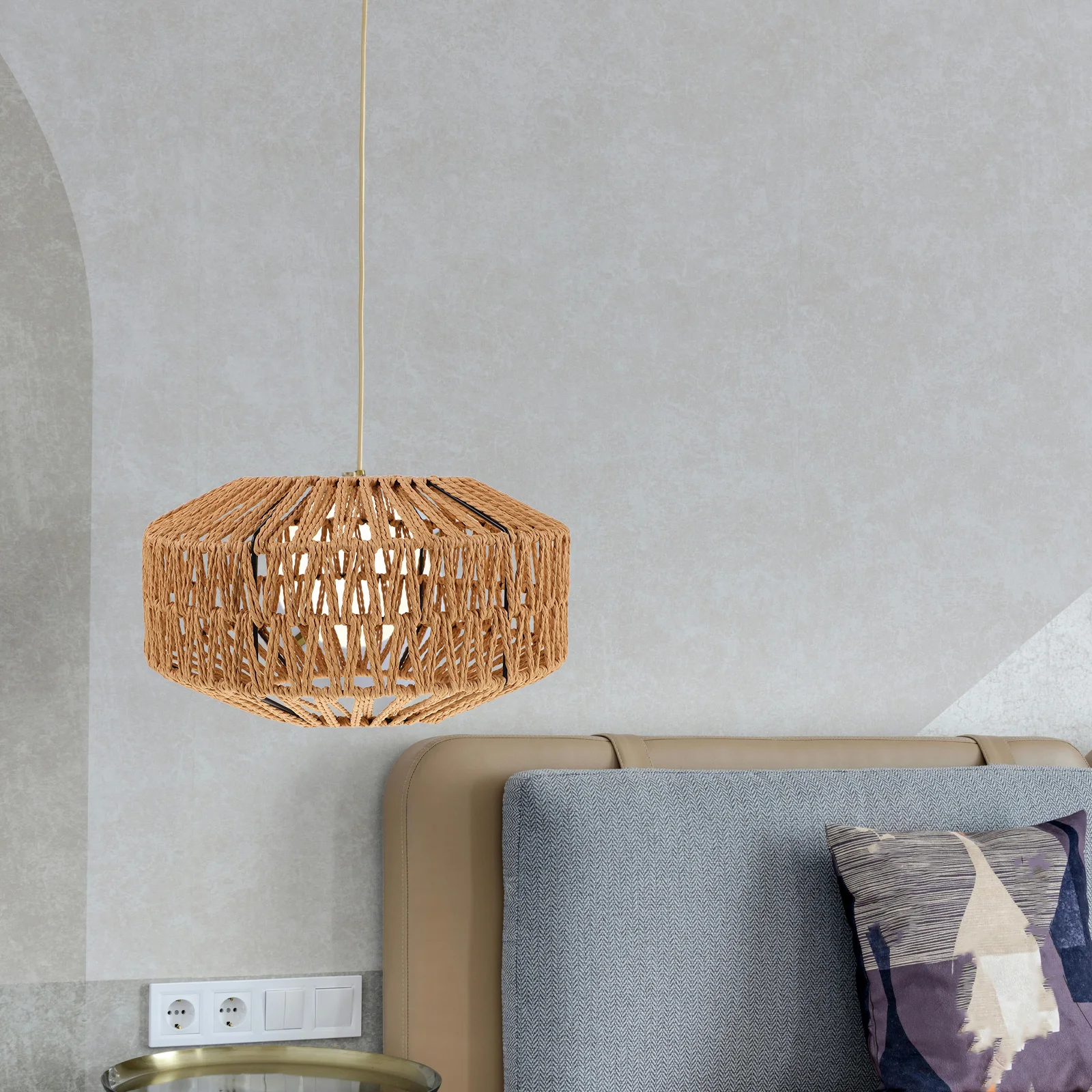 

Rustic Paper Rope Woven Lampshade Black Iron Frame Pendant Light Cover Hanging Light Shade For Living Room Bedroom Decorative