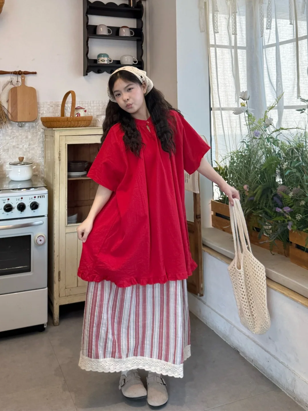 

plus Size Women's Vintage Patchwork Loose Shirt Summer New High Waist Stripe Halfling Skirt Trendy Korean Style Commute