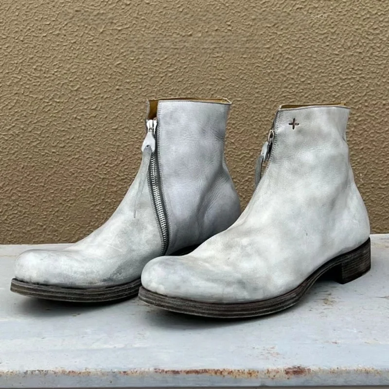 

Мужские ботильоны в стиле ретро, белые/черные кожаные короткие ботинки в стиле ретро с боковой молнией, уличные повседневные мотоциклетные ботинки с круглым носком, обувь