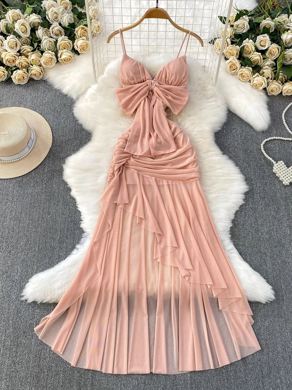 

Summer Vaion Sle Women's Dr V-Ne Pleated Waist Cinching Sexy Asymmetrical Hem Lace Trim Gown Casual Travel Wear