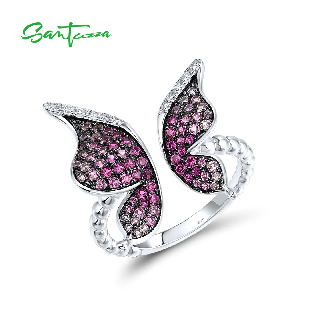 

SANTUZZA Genuine 925 Sterling Silver Ring For Women Sparkling Created Pink Sapphire Ruby Opened Butterfly Fashion Fine Jewelry