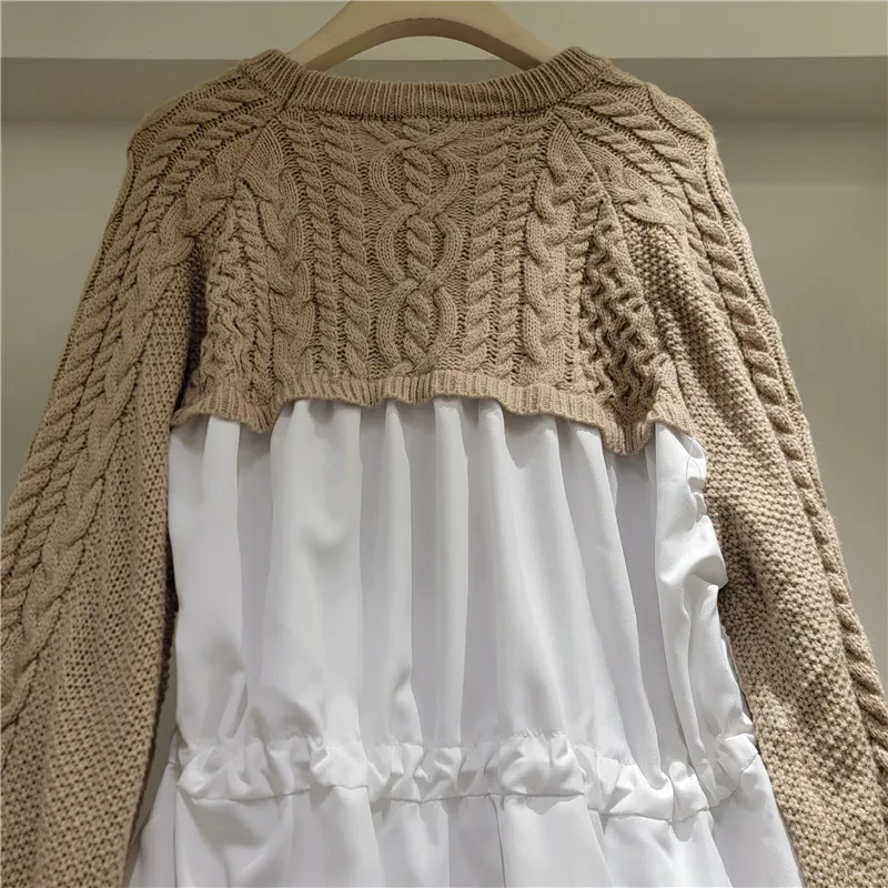 SuperAen تويست سترة الربط قميص المرأة تصميم وهمية قطعتين الخصر الرباط فضفاض البلوز محبوك سترة