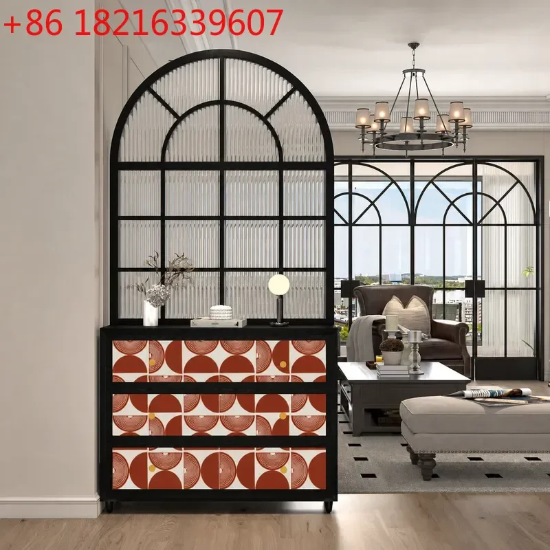 YAORetro Abstract Solid Wood Entrance Cabinet with Changhong Glass Partition Entry Door Screen Living Room Storage Locker