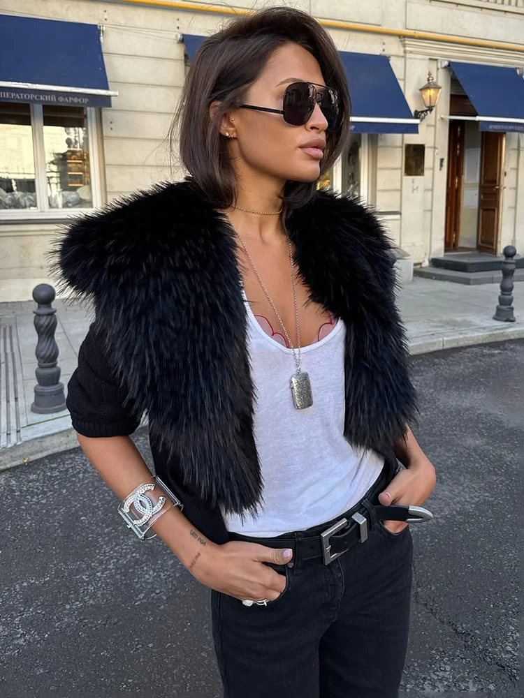 

Trendix Black Knit Cardigan For Women Winter Detachable Faux Fur Collar Short Tops Street Slim Party Elegant Outerwear Top Femme