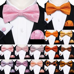 Barry.Wang Pink Orange Silk Mens Bow Tie Jacquard Paisley Floral Pre-Tied Bowtie Hanky Cufflinks Set Wedding Business Events