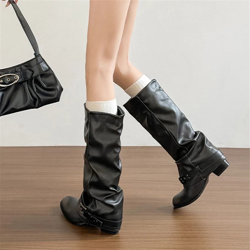 Punk-Style Belt Buckle Mid-Calf Boots for Women Square Heel Motorcycle Boots Pu Leather Pleated Boots Street Retro Riding Boots